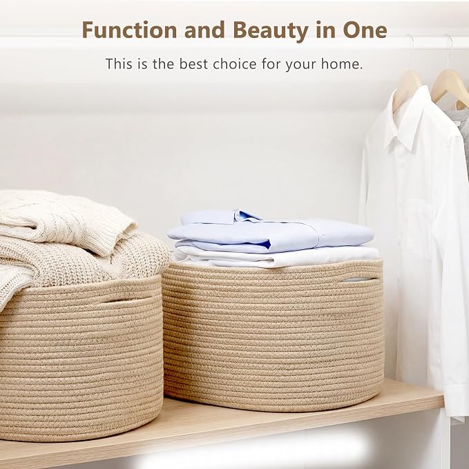 ECDYQXVU 15x10x9 Inch Woven Cotton Rope Storage Basket, 3 Pack | Foldable Design, Built-in Handles, Space-saving Organizer for Living Room, Bedroom, Laundry, Shelves, Clothes, Towels