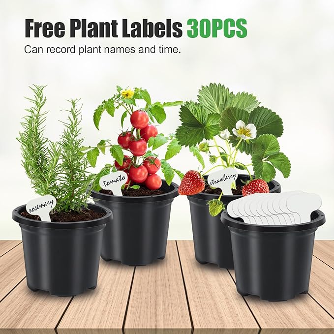 Oliz 30 Pack Black Nursery Pots for Plants, 3.5 Inch Sturdy Plastic Seedling Plant Pot with Drainage Holes, Indoor Outdoor Garden Seed Starter with 30 Plant Labels