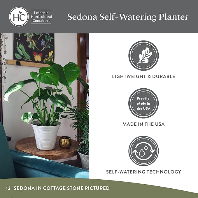 The HC Companies 7 Inch Sedona Round Self Watering Planter Pots, Lightweight UV-Resistant Plastic Indoor & Outdoor Planters, 4-Pack Flower Pots for Garden & Home Decor, Warm Gray