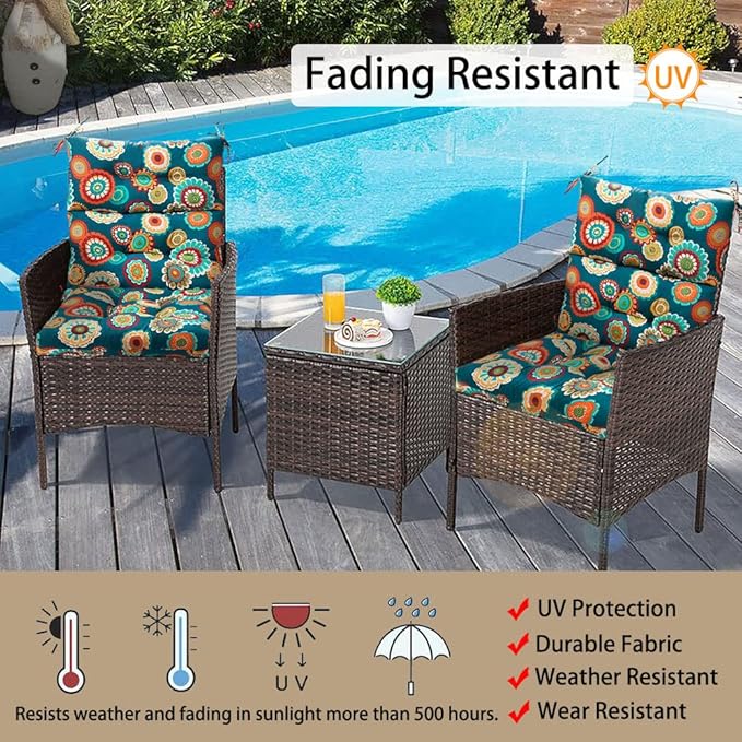 Magpie Fabrics Indoor Outdoor Tufted High Back Chair Cushion Set of 2, Waterproof All-Weather Deep Seating Rocking Chair Patio Chaise Lounge Sun Lounger Chair Cushions(Floral Green)