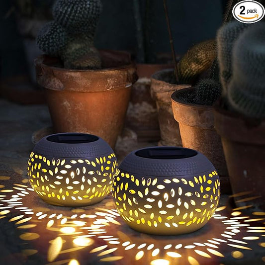 Solar Lanterns Waterproof Outdoor Decor,2 Pack White Hollow Out Metal Solar Lights - Unique Gifts for Women Mom Wife - Outside Garden Yard Porch Indoor Tabletop Retro Decorations