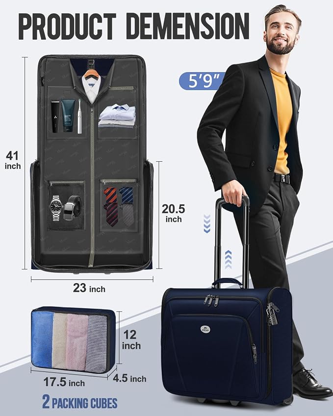 MATEIN Rolling Garment Bags for Travel, Large 2-Wheeled Suit Carrier, Blue