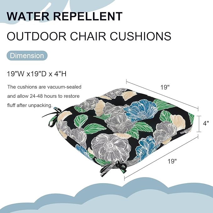 DYTXIII Set of 2 Outdoor Chair Cushions 19"x19"x4", Water Repellent Tufted Patio Seat Cushions with Ties, Thick Replacement Pads for Wicker Dining Chairs, Patio Furniture, Peony Garden