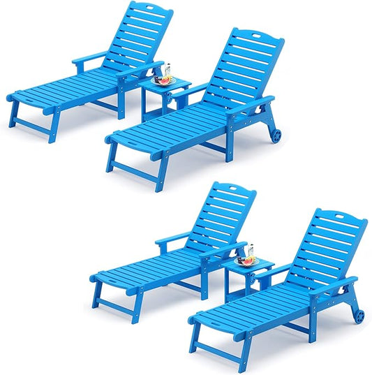 LUE BONA Chaise Lounge Chair with Table, 6-Piece, HDPS Chaise Lounger, 5 Positions Adjustable Lounge Chairs, Pool Lounge Chair with Wheels for Poolside, Backyard, Blue