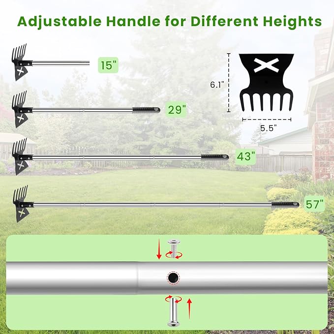 2-in-1 Garden Hoe & Weed Puller Tool with Long Handle, 57" Garden Weeders and Cultivators, Heavy Duty Manual Weed Remover Tool with 6-Tine Weeding Rake for Weeds Grass in Lawn, Garden, Yard, Patio