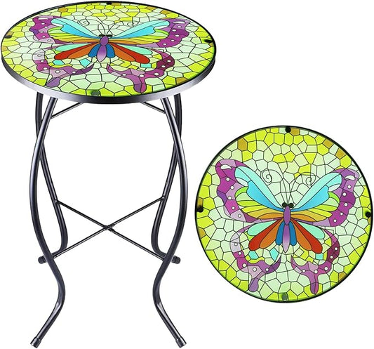 Arbuxzuy 12 Inch Small Outdoor Side Table with Colorful Butterfly, Glass Mosaic Patio Table Indoor, Round Plant Coffee Table for Living Room, Balcony, Garden