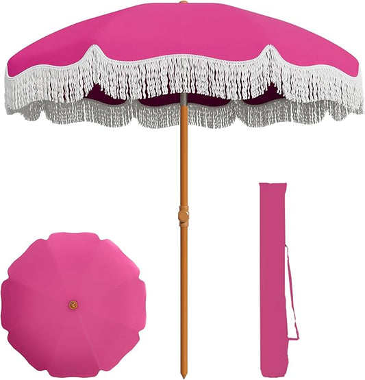 AreShark 7ft Patio Umbrella with Fringe, UPF50+ Beach Umbrella for Table, Pool & Garden, Portable Outdoor Tassels Umbrella w/Fiberglass Ribs&Push Bottom Tilt(Light Pink)