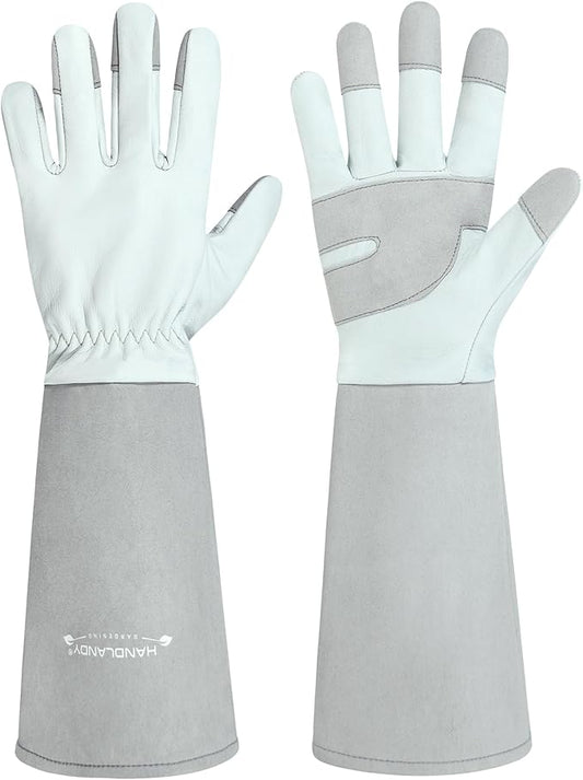 HANDLANDY Long Gardening Gloves for Men & Women, Thorn Proof Rose Pruning Gloves Leather Gauntlets Garden Glove Yard Work Glove (Silver Gray, Small)