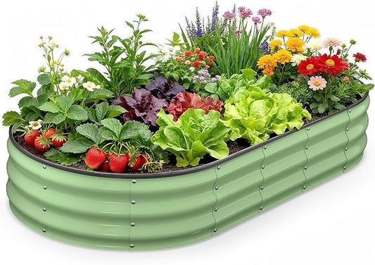 Raised Garden Bed 6×3×1 FT, Galvanized Raised Planter Box, Oval Vegetable Planting Container with Safety Edge Trim, Fruit Green for Backyard Fence Line Side Yard Family Gardening