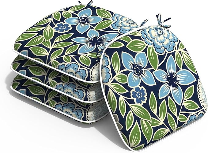 Outdoor 16"x17" Chair Pads Set of 4, Water Resistant Patio Chair Cushions with Ties, Seat Cushions for Home Garden Furniture Decoration, Azure Bloom