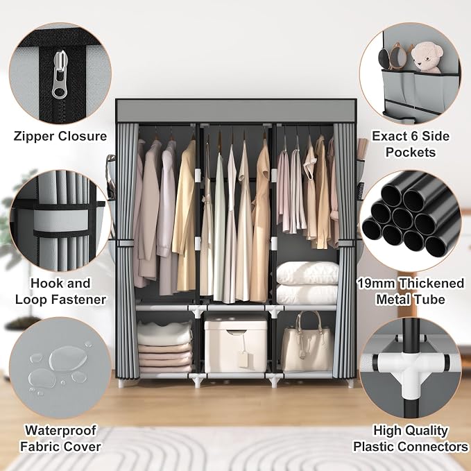 VTRIN Portable Closet Wardrobe for Hanging Clothes Closet with Cover, 3 Hanging rods, 6 Storage Shelves and Side Pocket, Diameter 19mm Metal Pipe, Sturdy Free Standing Closet for Bedroom