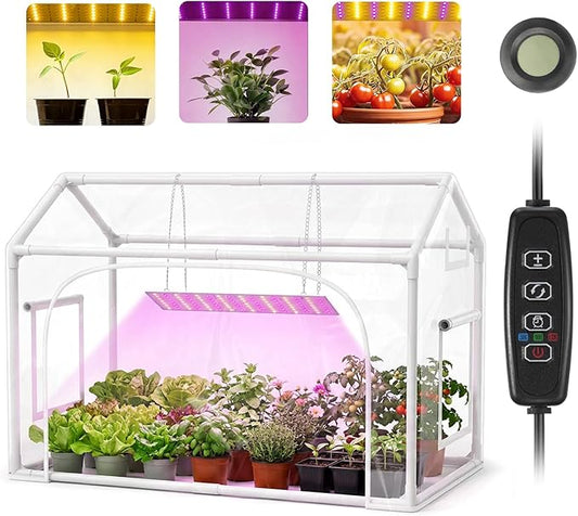 Mini Indoor Greenhouse with Grow Lights & Timer 3 Light Color Mode Thickened PVC Tent Waterproof Base Portable Green House Cabinet Kit for Plant Seed Starting 30" L x 16.5" W x 20.5" H