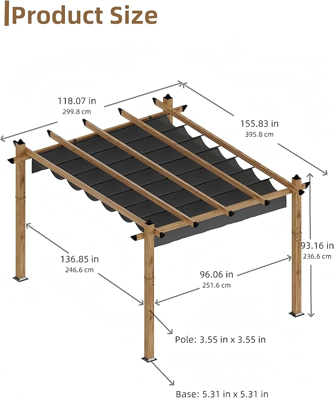 10' X 13' Outdoor Pergola with Retractable Canopy Aluminum Pergola Faux Wood Metal Pergolas Gazebo for Backyard, Deck, Patio, Garden Porch Beach Sun Shade Pavilion Grape Trellis Grill, Gray