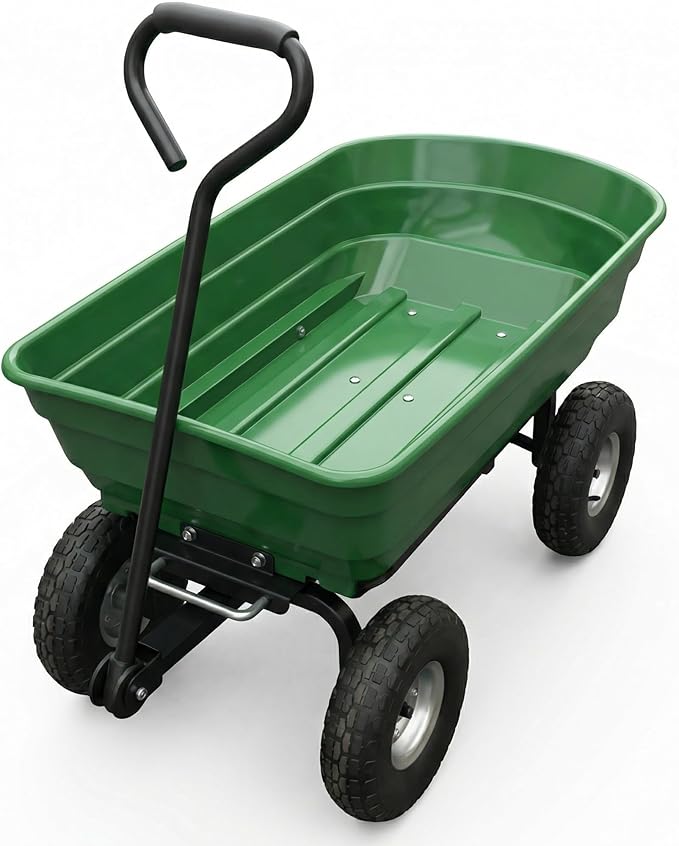 Garvee Wheelbarrow Garden Cart, Heavy-Duty Garden Dump Cart, Four-Wheel Home Garden Yard Utility Wheelbarrow Cart with Built-in Stand & D-Handle Steering for Gardening, Yard Work & Landscaping