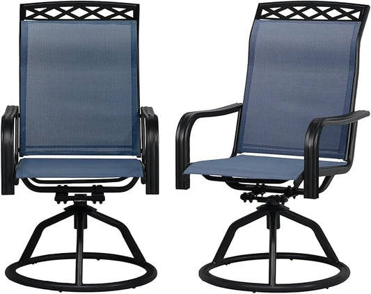 SHGJ&SOFT Patio Swivel Chairs, Waterproof Outdoor Dining Chairs with All-Weather Textilene Mesh for Deck, Garden, and Backyard (Patterned Backrest-Blue, Set of 2)
