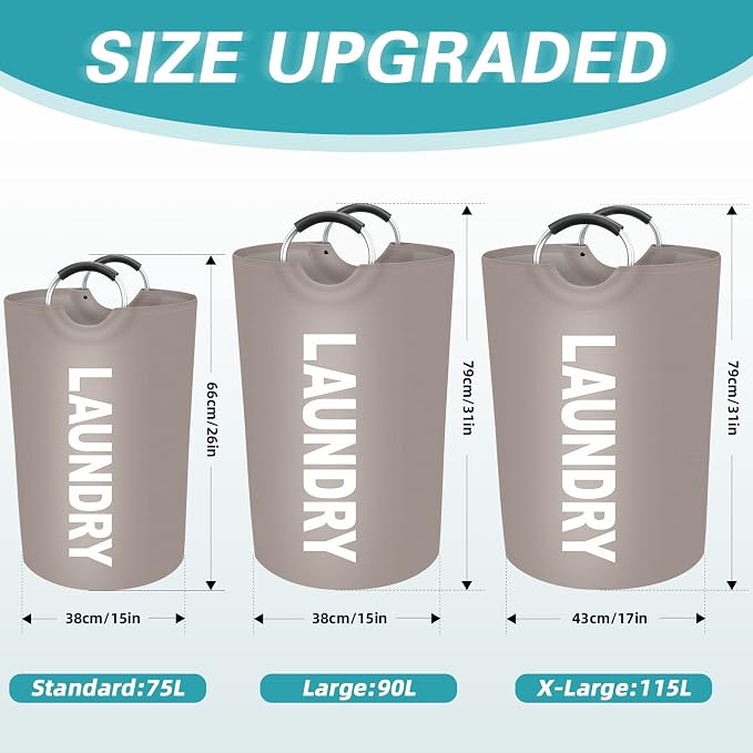 90L Large Laundry Basket, Dirty Clothes Waterproof Laundry Hamper, Khaki | Collapsible Laundry Basket with Foam Protected Aluminum Handles for Laundry Dorm Family, Black Dirty Clothes Hamper