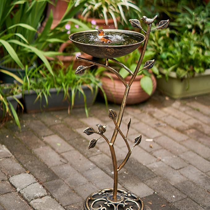 HOUYANG Diam 11.4" W x 31" H Cast Iron Pedestal Bird Bath, Bird Baths for Outdoors,Vintage Metal Bird Bath Garden Yard Decoration