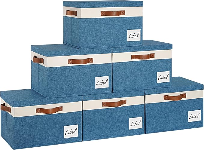 GhvyenntteS Fabric Storage Bins with Lid 6 Pack, Large Decorative Storage Boxes with Lids and Handles, Foldable Fabric Storage Baskets with Lid and Label for Home Office (Blue, 15" x 11" x 9.7")
