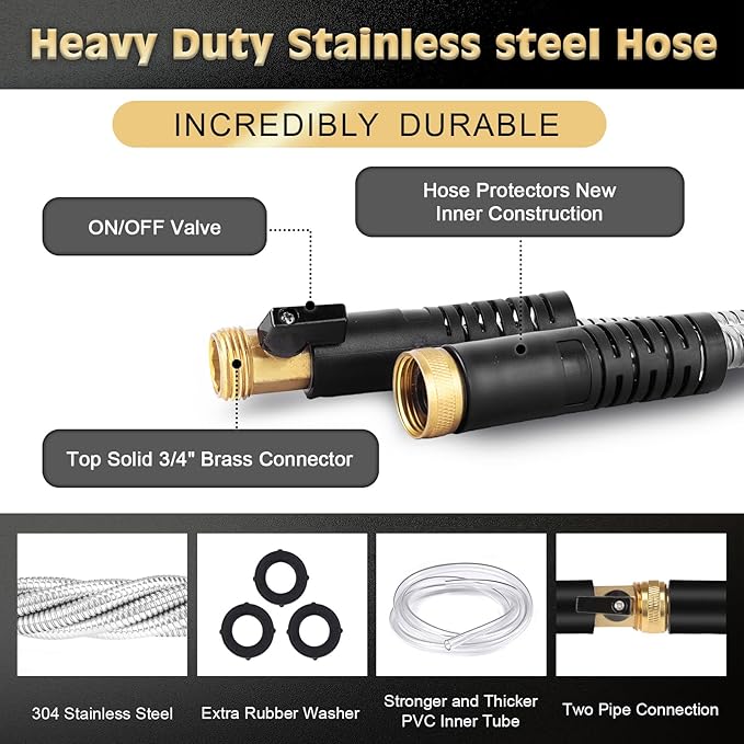 Metal Garden Hose 25FT Stainless Steel Heavy Duty Flexible Lightweight Water Hoses Pipe with 10-Function Spray Nozzle and 3/4" Solid Brass Fittings No Kink Durable for Outdoor Yard & Lawn