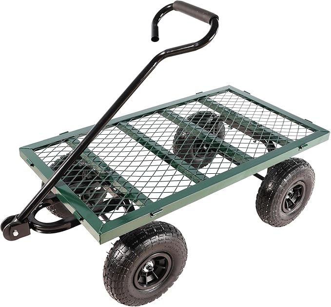 Steel Garden Cart 600 lbs Capacity Heavy Duty Garden Wagons,with Removable Steel Mesh Sides to Convert into Flatbed,Utility Metal Wagon w/ 180°Rotating Handle (Green-Pneumatic-Double Height)