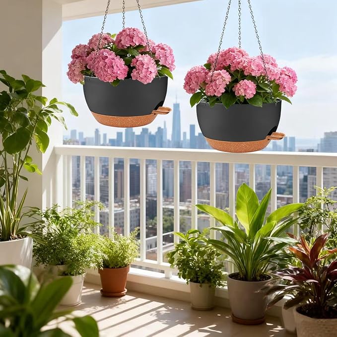 12 Inch Self Watering Hanging Planters 2 Pack, Indoor Outdoor Hanging Pots for Plants with Drainage Holes & Saucers, Black Brown Plastic Hanging Baskets for Kitchen Balcony Garden