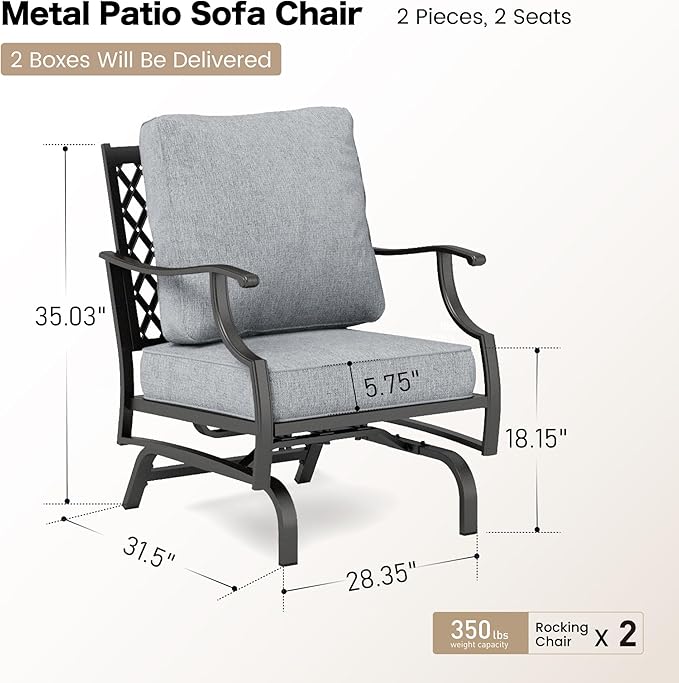 SUNSHINE VALLEY Metal Outdoor Rocker Patio Chairs Set of 2 with 5.75" Extra Thick Cushion, 2 Piece High Back Rocker Patio Chairs All Weather Outdoor Furniture Seating for Deck Balcony Porch, Gray