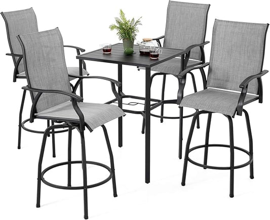 NUU GARDEN 5 Piece Patio Swivel Bar Set, All-Weather Textilene High Bistro Stools, Square Bar Table with Slatted Tabletop and Umbrella Hole for Sunroom, Backyard and Balcony