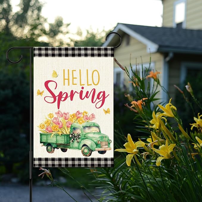 Hello Spring Flags for Outside,Buffalo Plaid Floral Truck Garden Flag for Yard Patio Lawn Decoration,12x18 Inch Double Sided