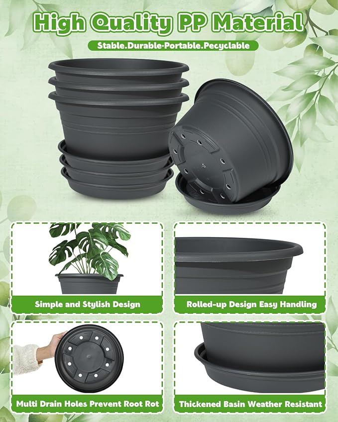 VIDELLY 10 Inch Gray Flower Pots 4-Pack, Plastic Planters with Drainage Hole & Tray, Indoor Outdoor Plant Pots for House Plants, Garden, Patio, Office Home Decor – Modern Decorative Plant Containers