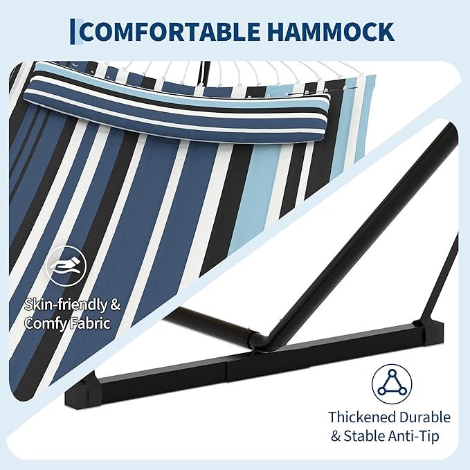 Garvee﻿ 2 Person Hammock with Stand for Outside, Double Hammock with Stand and Pillow, Max 450 Lbs Capacity with Balance Rope, Large Hammock for Outdoor Patio Backyard Poolside