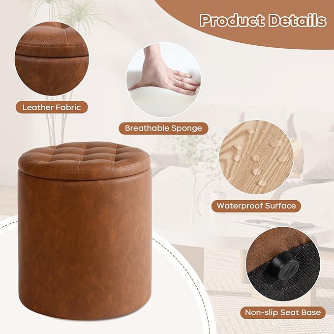 Round Ottoman with Storage Set of 2, 12.6"W x 14.17"H & 14.76"W x 17.32"H Faux Leather Button Tufted Storage Ottoman, Boucle Vanity Stool Footrest Coffee Table for Living Room, Bedroom, Brown