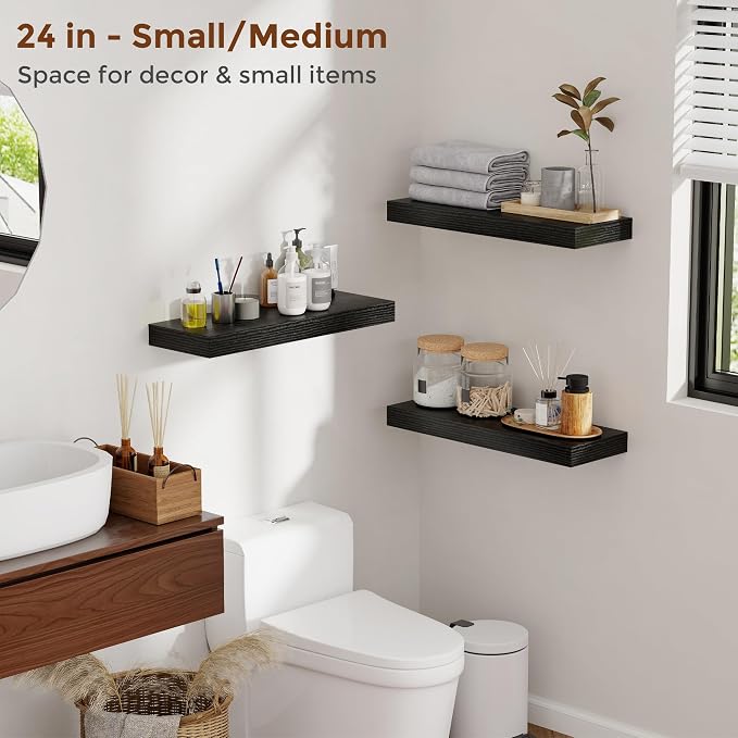 Heimlove 32 Inch Floating Shelves for Wall Black Shelves Set of 2,Wall Mounted Rustic Wood 8 Inch Deep Floating Shelf with Invisible Brackets for Bedroom Kitchen Living Room