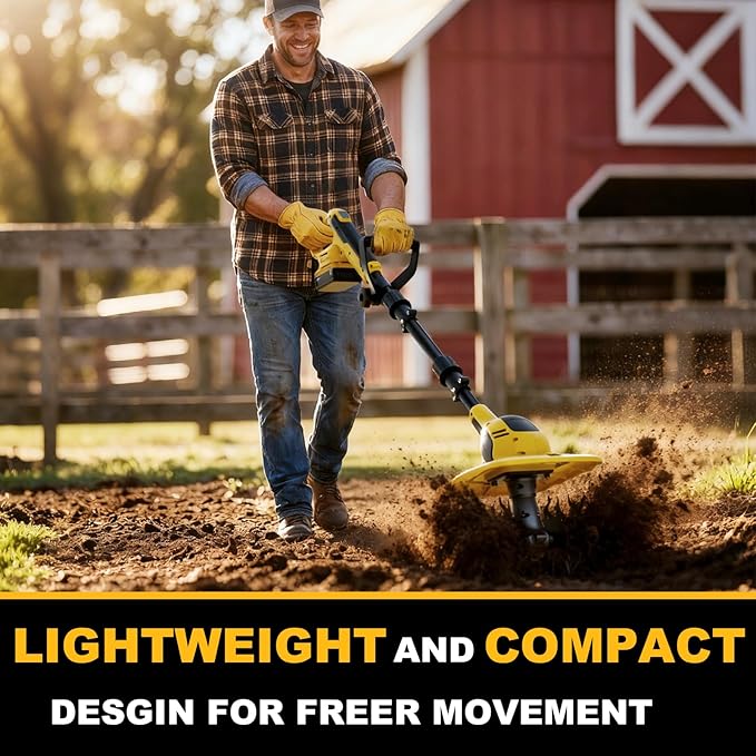 20V Cordless Garden Tiller Cultivator - Compatible with DeWalt 20V MAX Batteries, 9-in. Tilling Width & 7-in. Depth, 4 Steel Blades for Raised Beds and Flower Gardens, Battery Not Included