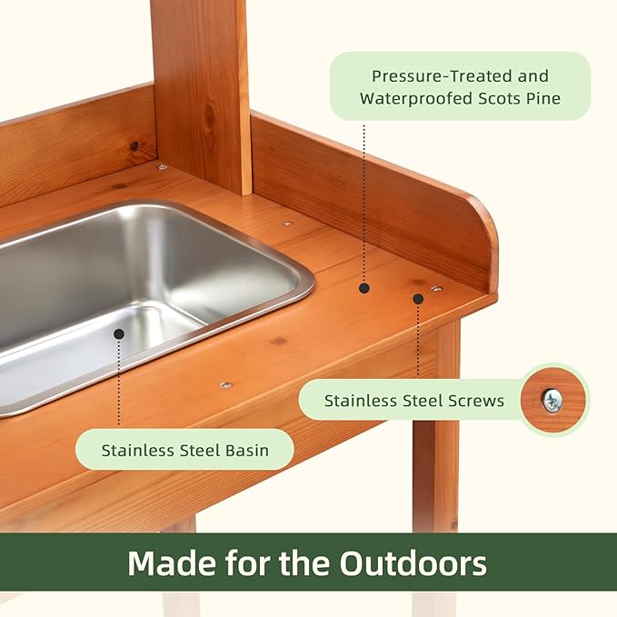 OOOK Potting Bench, Nordic Scots Pine Potting Table with Sliding Tabletop, Removable Sink, Workstation for Outside Patio Lawn, Wooden Garden Work Station