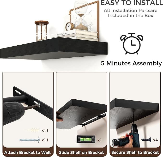 48 Inch Floating Shelves for Wall, 12"D Wood Storage Shelves, Black Finish