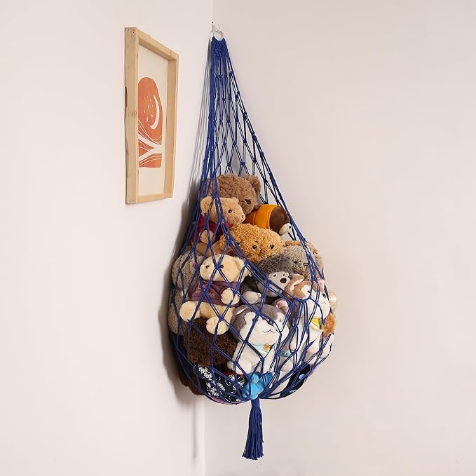 Amdermi Stuffed Animal Storage Toy Hammock Corner Hanging Net for Stuff Animal Storage Macrame Toy Display Plushie Toy Holder-Wall Hanging Net for Kid Bedroom Decor Playroom Organizer (Blue XL)
