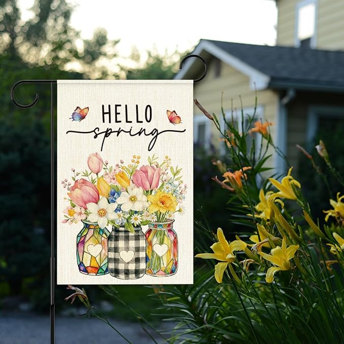 Hello Spring Flags for Outside,Floral Mason Jar Garden Flag for Yard Patio Lawn Decoration,12x18 Inch Double Sided
