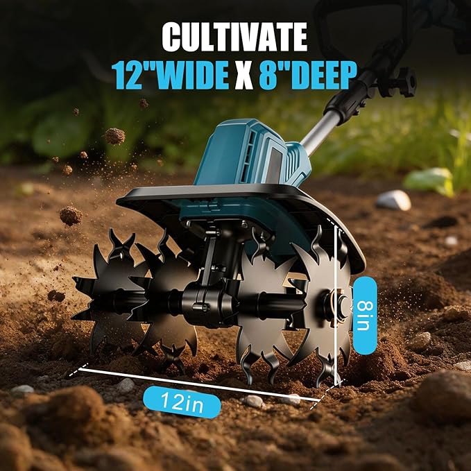 21V Electric Cordless Tiller Cultivator, 360RPM Garden Tiller with 2 x 4.0Ah Batteries Charger, 12In Tilling Width & 8In Depth Garden Rototiller for Lawn, Gardening, Soil Cultivation (Blue-1)