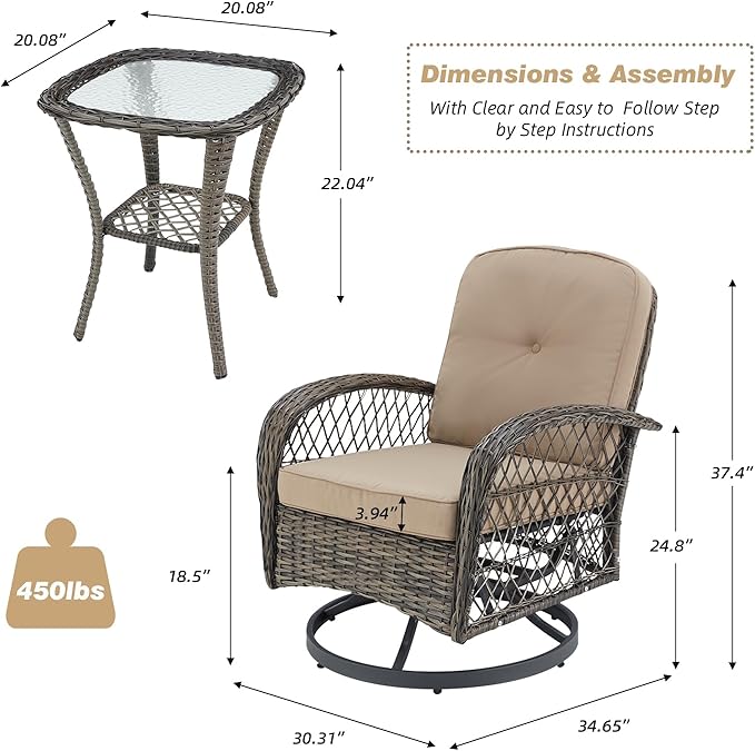 MELLCOM 3 Pieces Patio Furniture Set, Outdoor Swivel Rocker Patio Chairs, Wicker Patio Bistro Set with Rocking Chair, Thickened Cushions and Glass Coffee Table for Backyard, Garden, Khaki