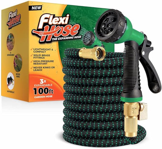 Flexi Hose with 8 Function Nozzle, 100FT - Lightweight Expandable Garden Hose, No-Kink Flexibility, 3/4 Inch Solid Brass Fittings and Double Latex Core - Green