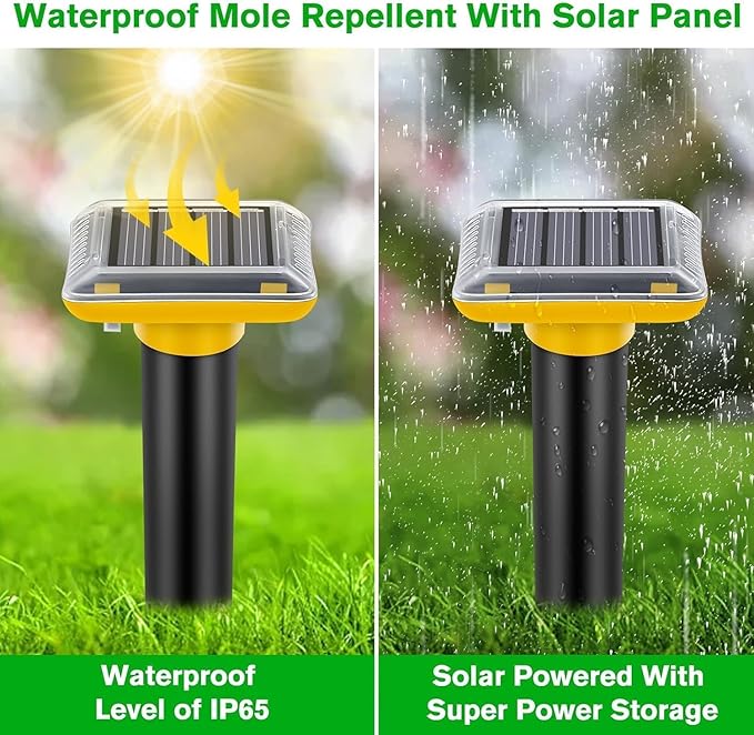 Ultrasonic Mole Repellent Outdoor,2 Pack Gopher Repellent Solar-Powered for Lawn Yard and Garden, Waterproof Mole Killer Traps, Effectively Repels Gopher Vole Groundhog Snake, Yellow