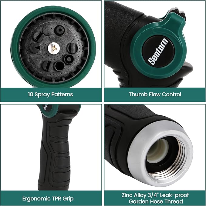 Garden Hose Nozzle, Heavy Duty Hose Sprayer with Thumb Control, 10 Spray Patterns, Reinforced Metal Shell, Comfortable Grip for Lawn, Plants, Car & Pet Washing – Forest Green