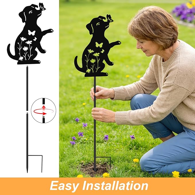 VOOKRY Solar Watering Can Lights Outdoor with Dog Silhouette Stake, Garden Gifts for Mom, Women & Garden Lovers Waterproof Metal Garden Lantern, Decorative Yard Patio Lawn Pathway Decor(2 Pack)