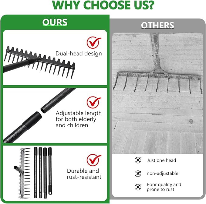 77 inch Bow Rake, 2-in-1 Metal Garden Lawn Rake for Weeding Digger Loosening Soil Raking Leaf Leveling Rocks Spreading Mulch Gravel 17 Tines Adjustable Garden RakeBow Rake