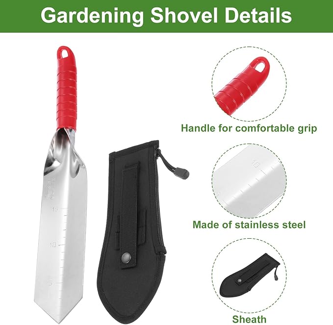 HARFINGTON Garden Hand Shovel 15.2 x 2.7 Stainless Steel Trowel Garden Tool with Sheath for Digging Planting Transplanting, Red & Black