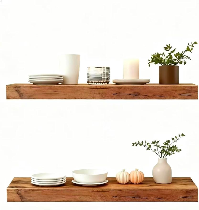 Solid Wood Floating Shelves,23.6in Finished Real Wood Wall Shelves with Heavy-Duty Hidden Bracket, Easy Installation, Set of 2, 23.6in x 7.1in x 1.5in, for Living Room Bedroom Kitchen,Bronze