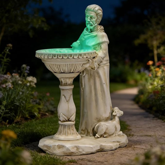 Sheaifun St Francis Garden Statue Outdoor Solar Garden Decor Resin 10.5 Inch Tall Colorful Lights St Francis Statue with Bird Bath Feeder for Yard Patio Lawn Decoration Religious Gardening Gifts