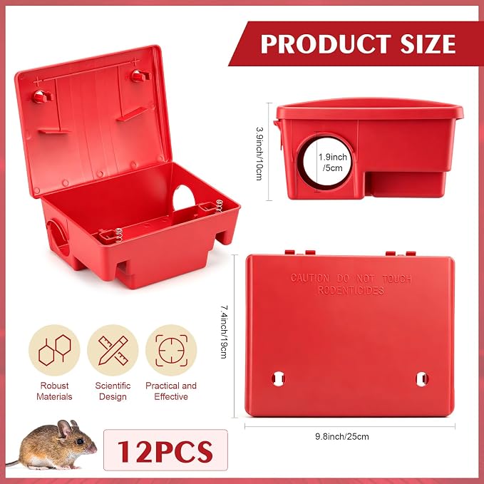 Qualirey 12 Packs Rat Bait Station Box Outdoor Rodent Rat Traps with Key Mouse Bait Station Indoor Mice Box for Outdoor Use Keeping Pets and Children Safe (Red)