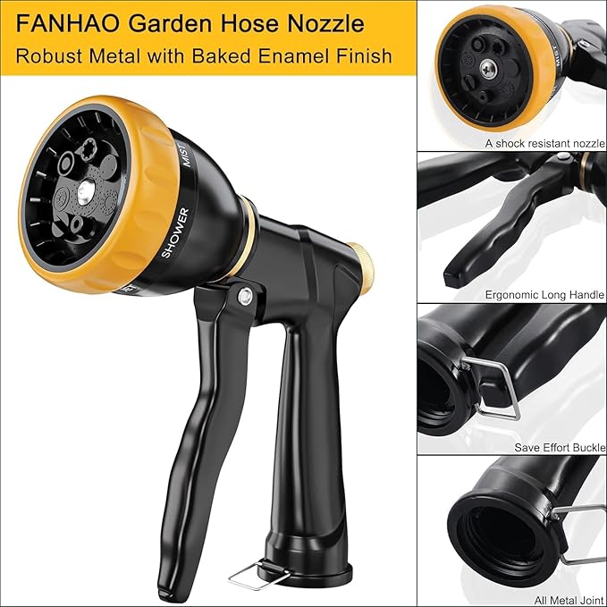 FANHAO Garden Hose Nozzle Sprayer, 100% Heavy Duty Metal Spray Nozzle with 7 Spray Patterns, High Pressure Water Hose Nozzle, Best for Watering Plant & Lawn, Washing Car & Pet