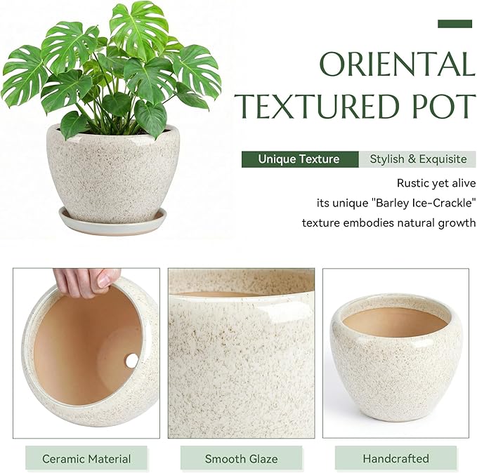 8.3 Inch Ceramic Planter with Saucer Leak-Proof Mesh &Drainage, Round Plant Pot with Gardening Gloves for Indoor Outdoor Plants